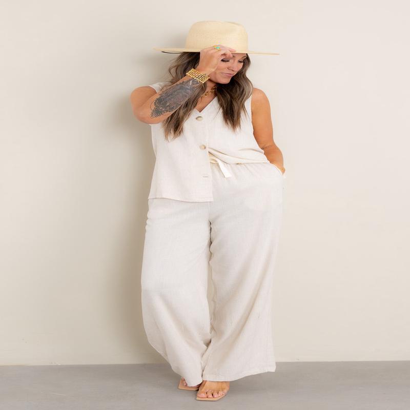 City Streets Linen Oatmeal Wide Leg Pant *Final Sale*