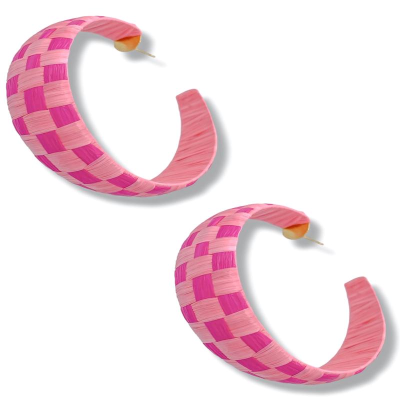 Double Check Pink Raffia Checked Pattern Hoop Earrings - FINAL SALE
