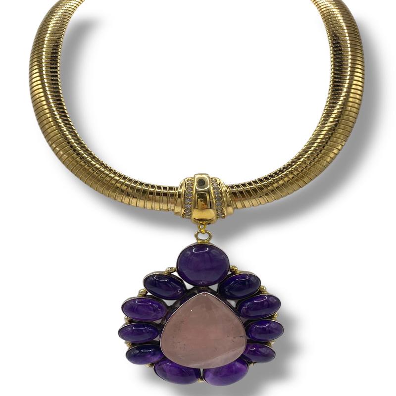 Made in the Deep South 1970s Rose Quartz & Amethyst 1970s Collar Necklace