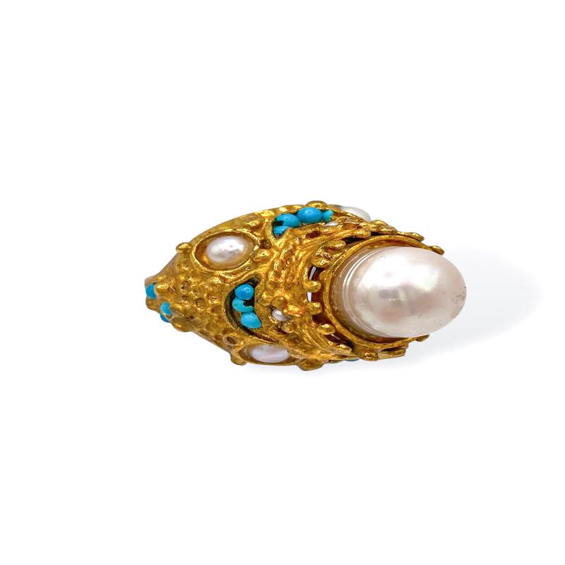 Made in the Deep South 1970s Turquoise & Pearl Ring Sz 8