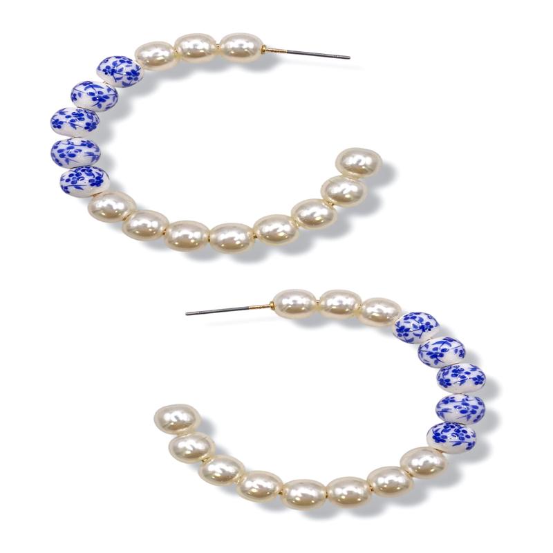 Vikki White Ceramic & CCB Ball Hoop Earrings - FINAL SALE