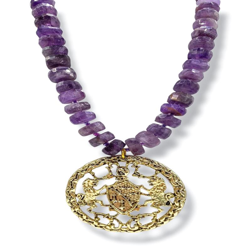 Made In The Deep South 1970s Brooch And Amethyst Bead Necklace