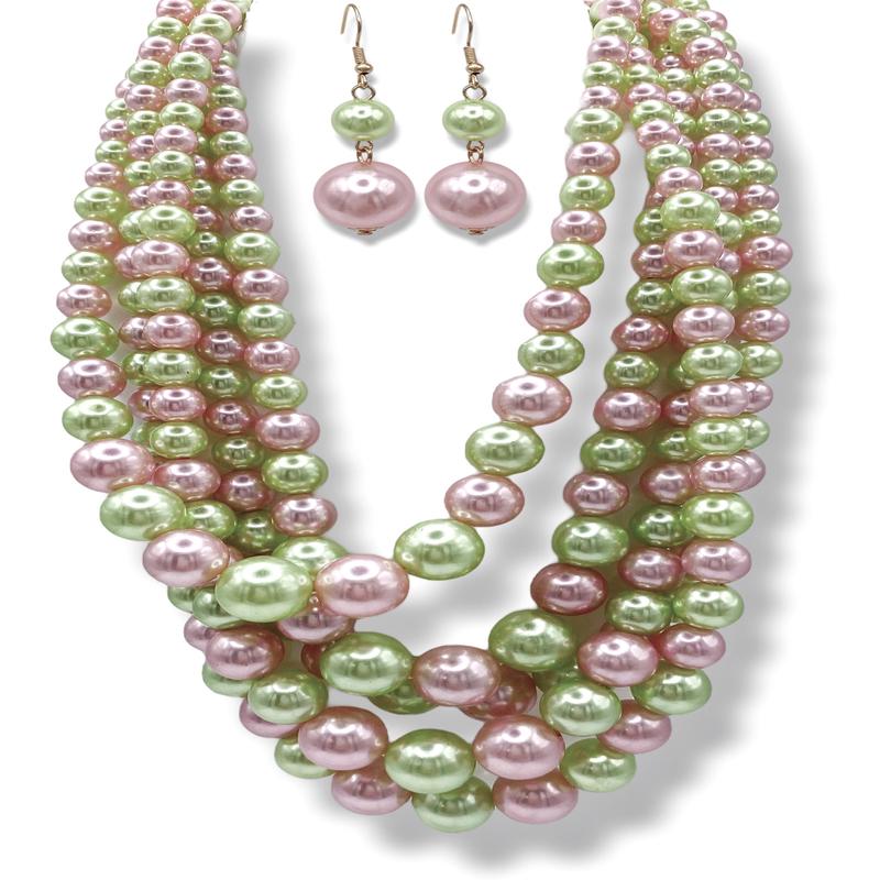 Margaret Pink/Green Pearl Layered Necklace