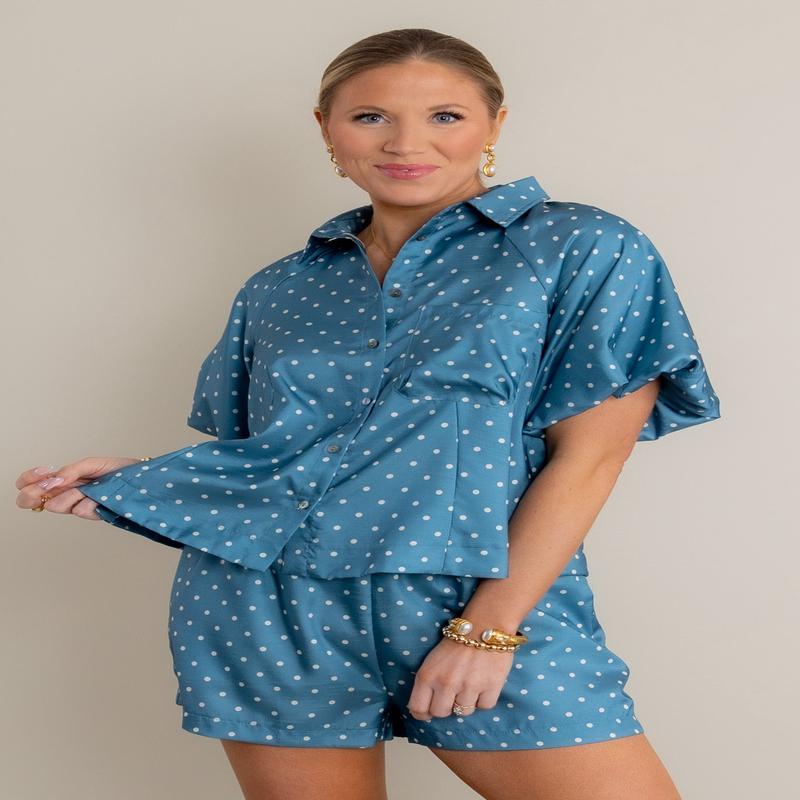 On The Dot Short Sleeve Blue Top - FINAL SALE