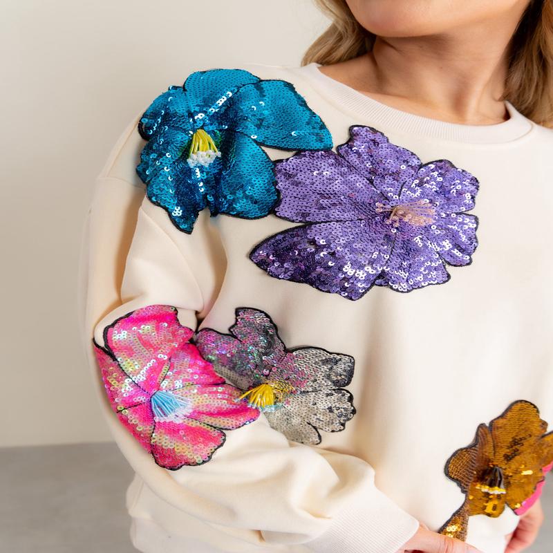 Queen Of Sparkles Beige Sequin Flower Sweatshirt *Final Sale*