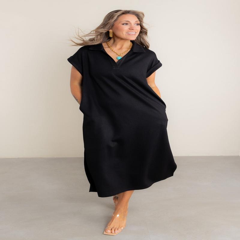 Something Extra Short Sleeve Black Midi Dress