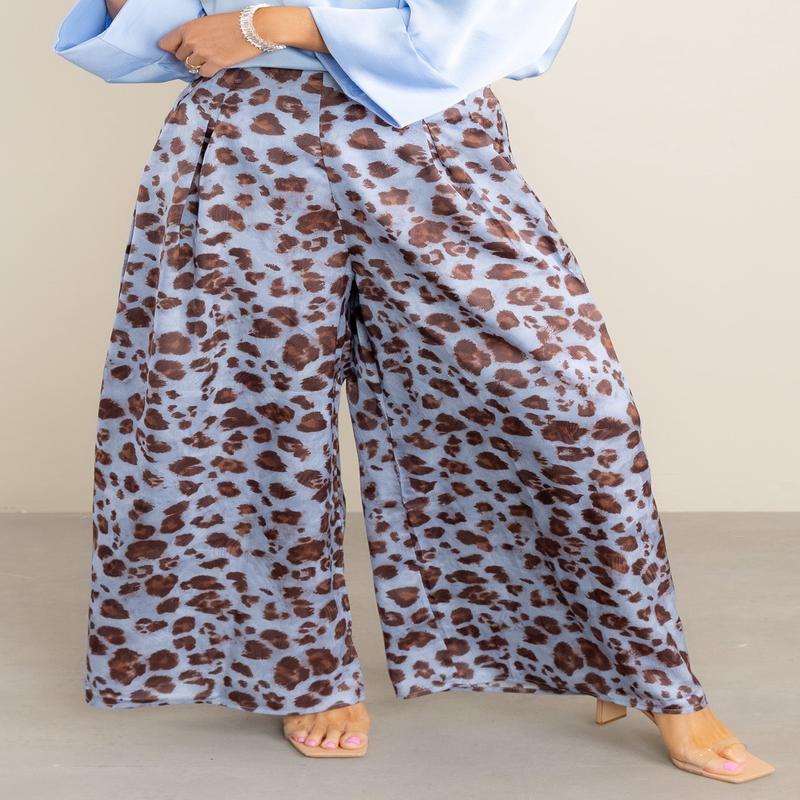 Wide Side Blue Leopard Printed Wide Leg Pant - FINAL SALE