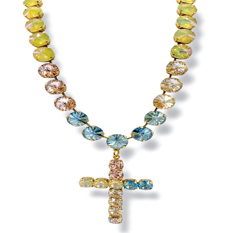 TOVA Donatella Champagne Aqua Cross Necklace