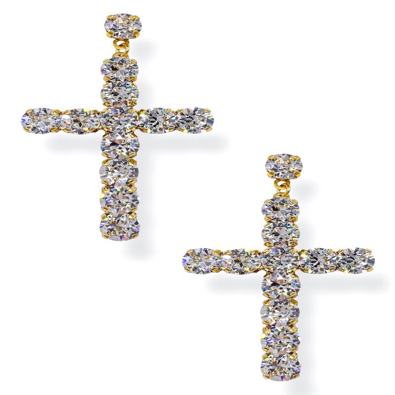 TOVA Donatella Gold Clear Cross Earrings