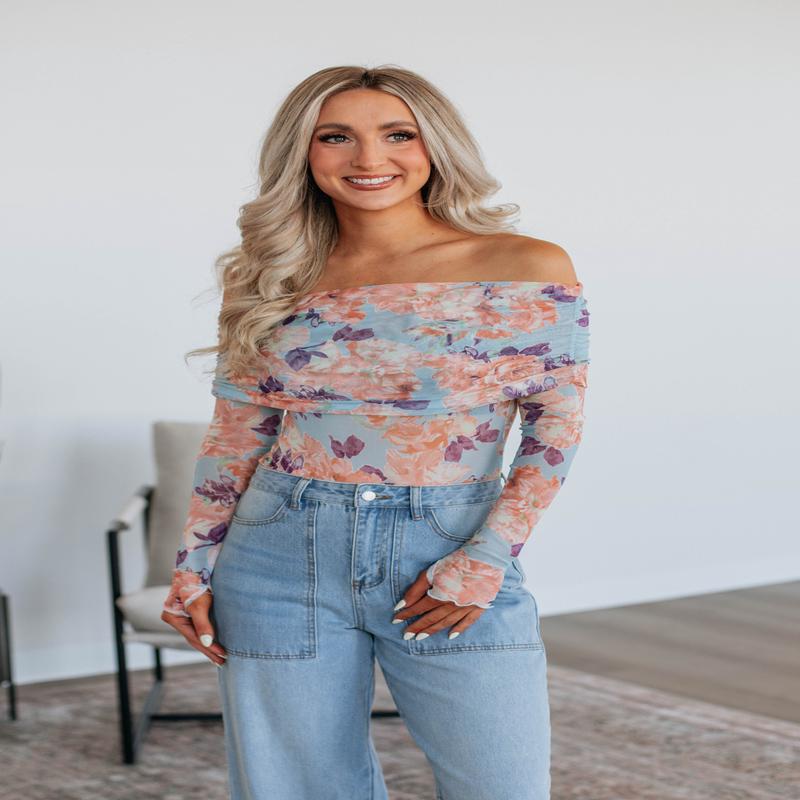 Elise Floral Mesh Bodysuit - Peach Mix