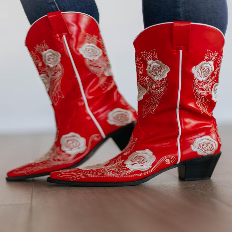Center Stage Cowgirl Boots - Cherry
