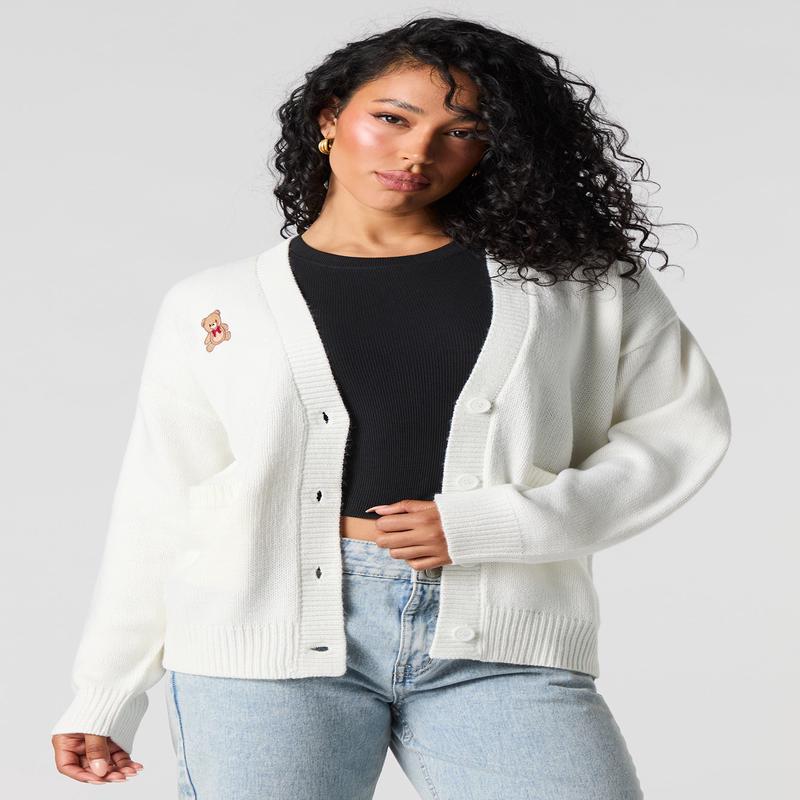 Embroidered Teddy Button-Up Knit Cardigan