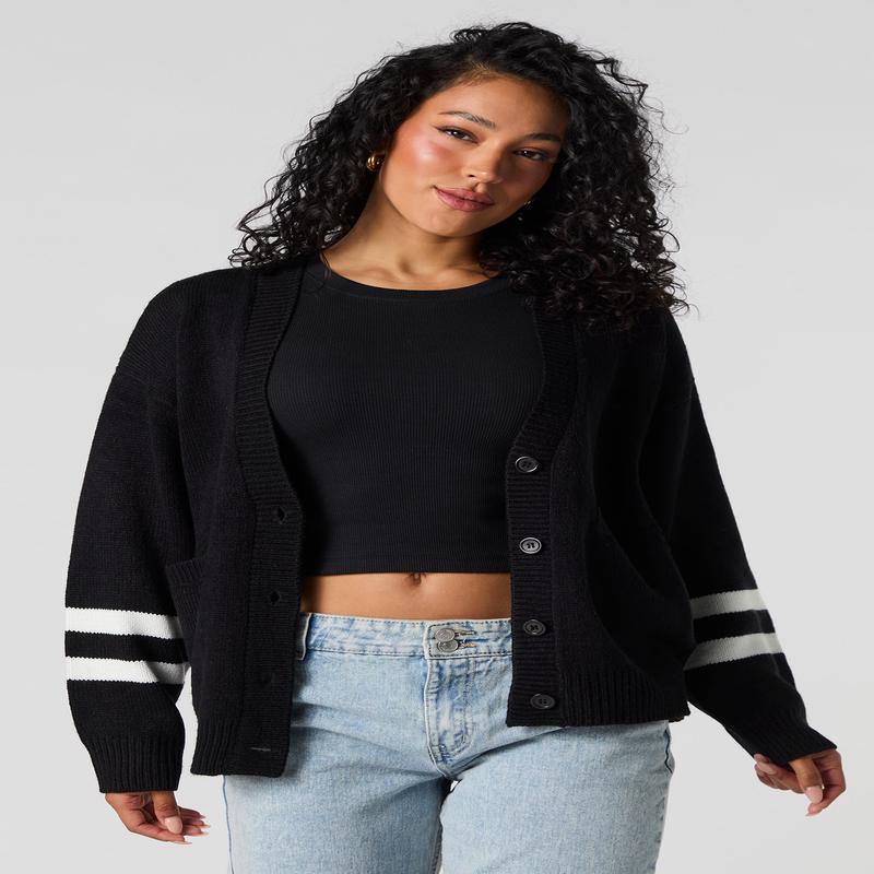 Jacquard Knit Striped Sleeve Cardigan