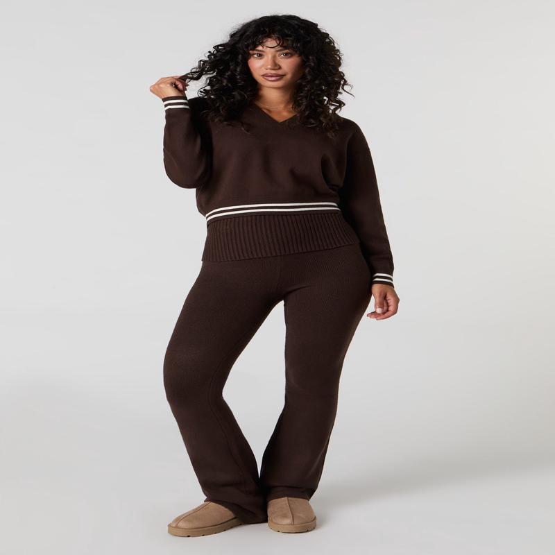 Knit Fold Over Waist Wide Leg Pant