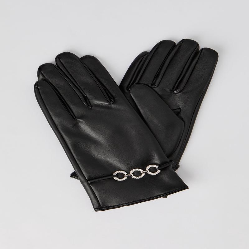 Rhinestone Chain Faux Leather Gloves