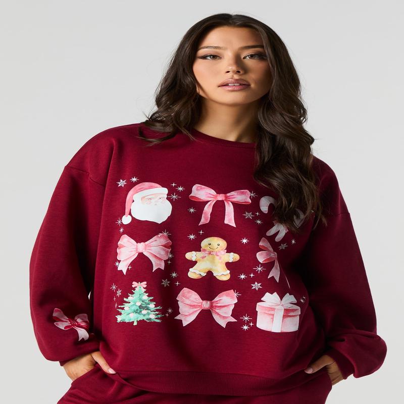 Christmas Bows & Santa Graphic Fleece Sweatshirt