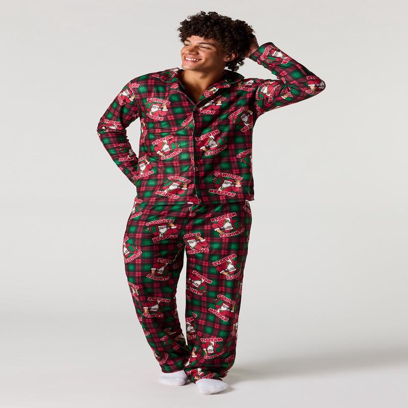 Christmas Flannel Button-Up Top & Pant Pajama Set