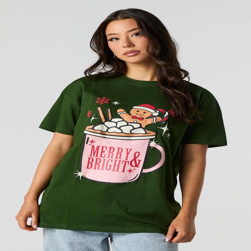 Christmas Gingerbread Graphic & Puff Print Oversized T-Shirt
