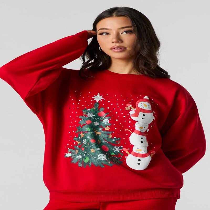 Christmas Tree & Snowmen Graphic Fleece Sweatshirt