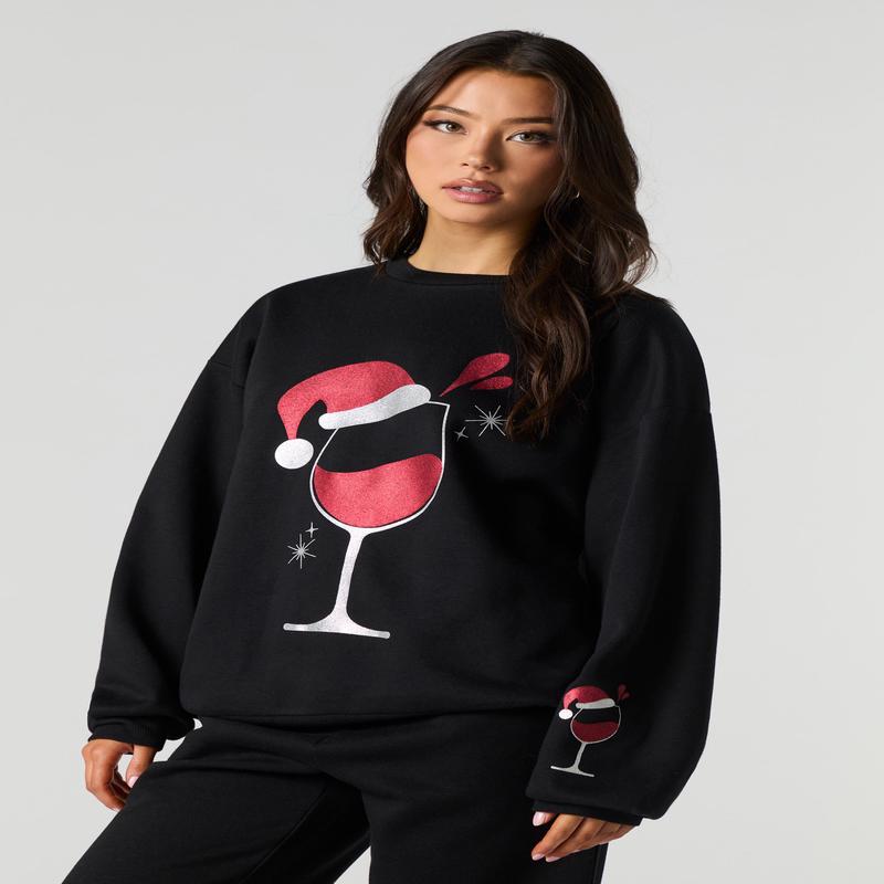 Christmas Wine Graphic Fleece Sweatshirt