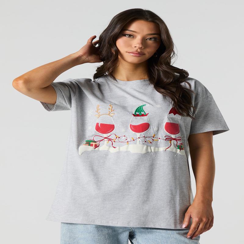 Christmas Wine Graphic Oversized T-Shirt