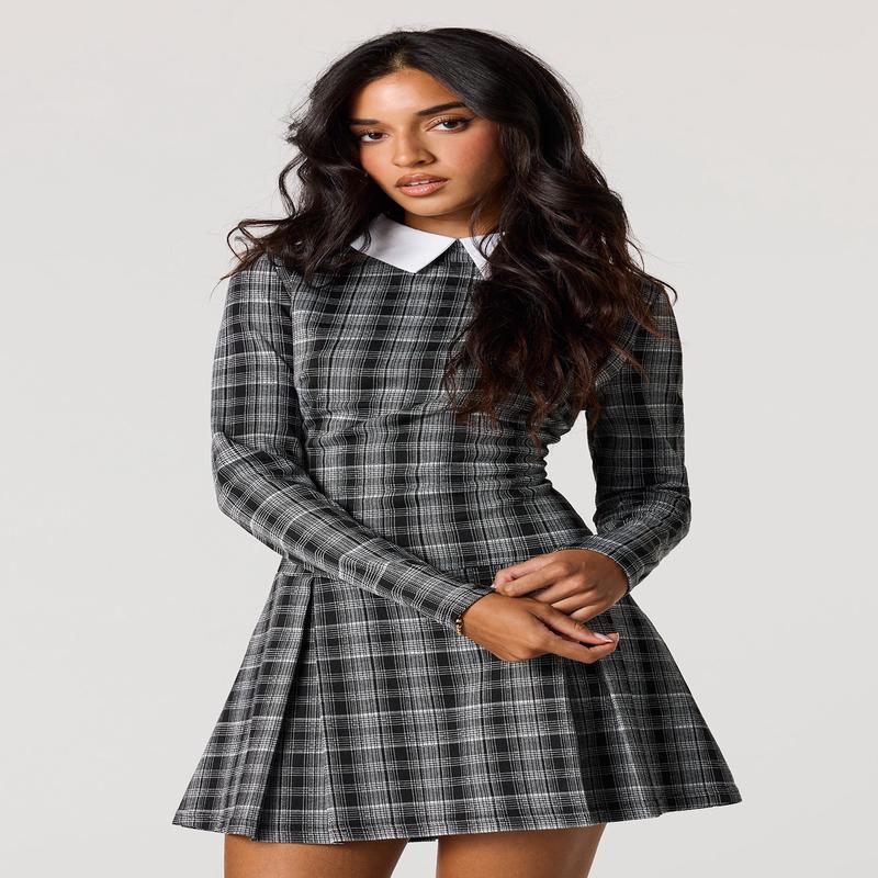 Collared Long Sleeve Pleated Mini Dress