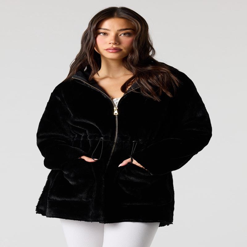 Faux Fur Hooded Toggle Jacket