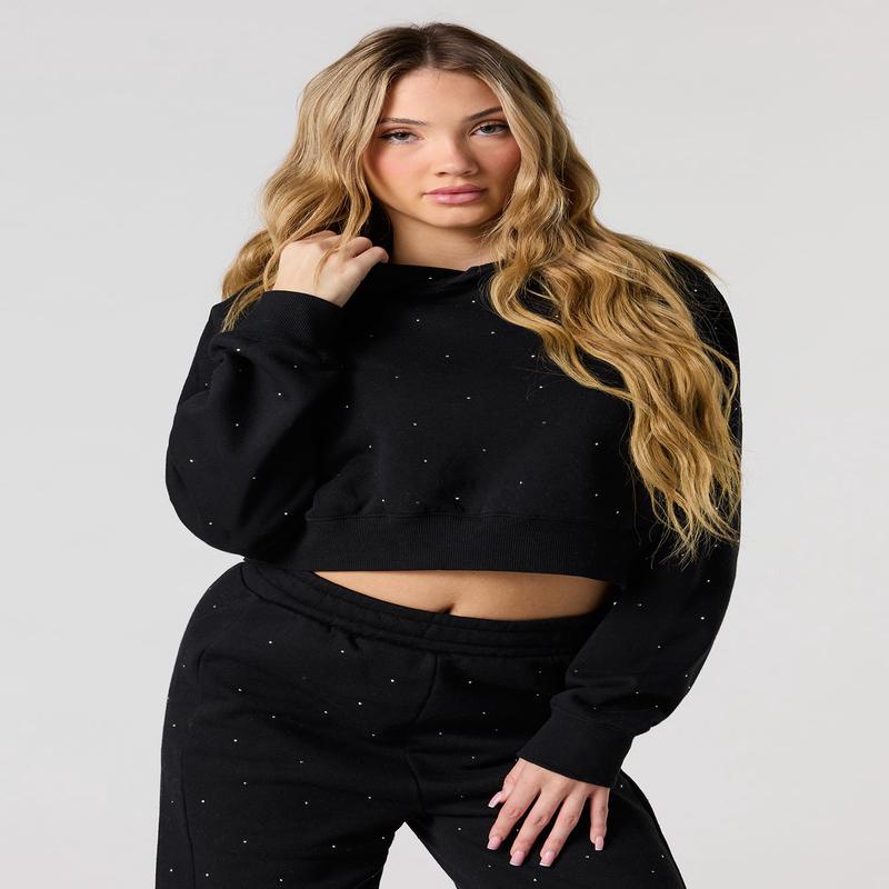 Fleece Rhinestone Cropped Hoodie