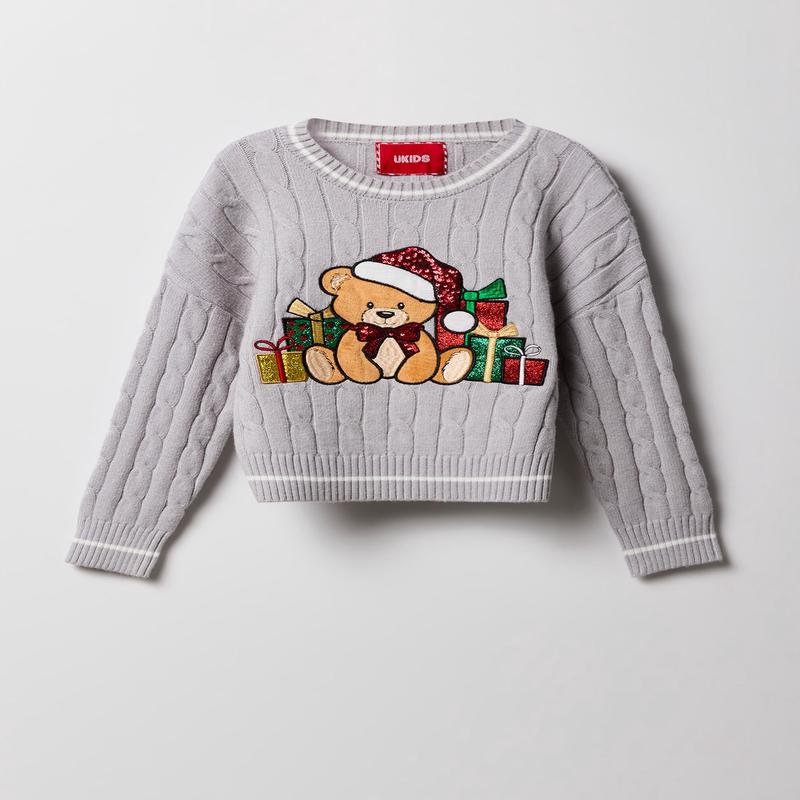 Girls Christmas Teddy Embroidered Sweater