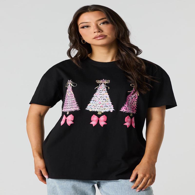 Pink Christmas Trees Graphic Oversized T-Shirt