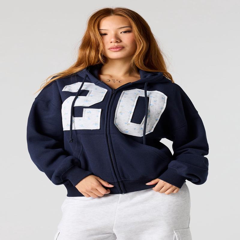 Floral Patch Boxy Zip-Up Hoodie