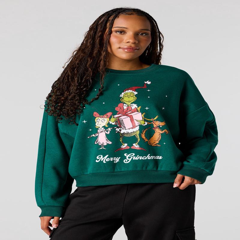 Grinch Christmas Graphic Fleece Sweatshirt