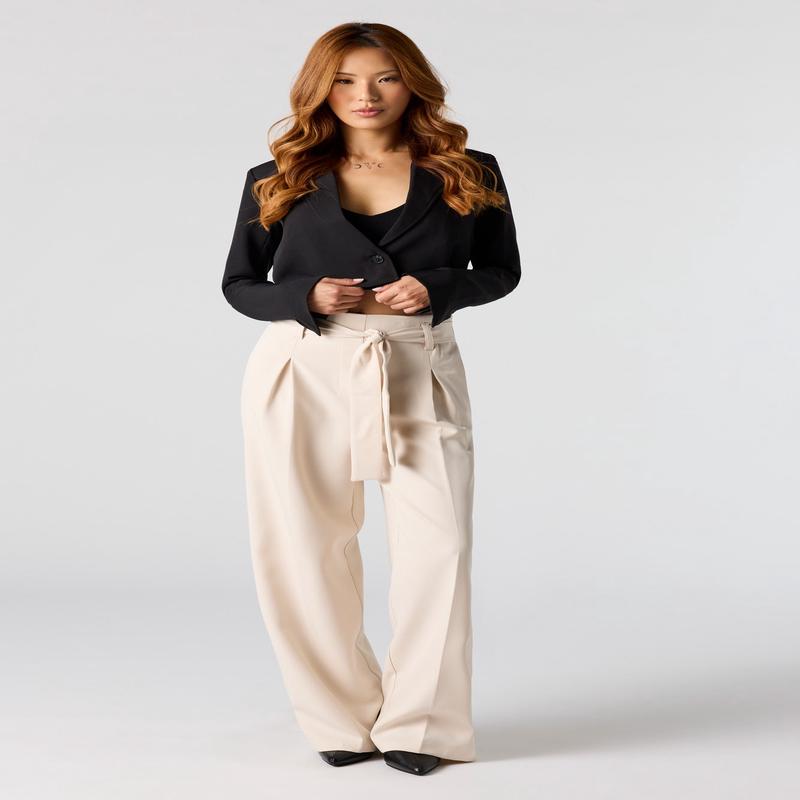 Belted Paperbag Wide Leg Dress Pant