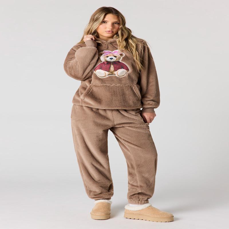 Embroidered Faux Fur Jogger