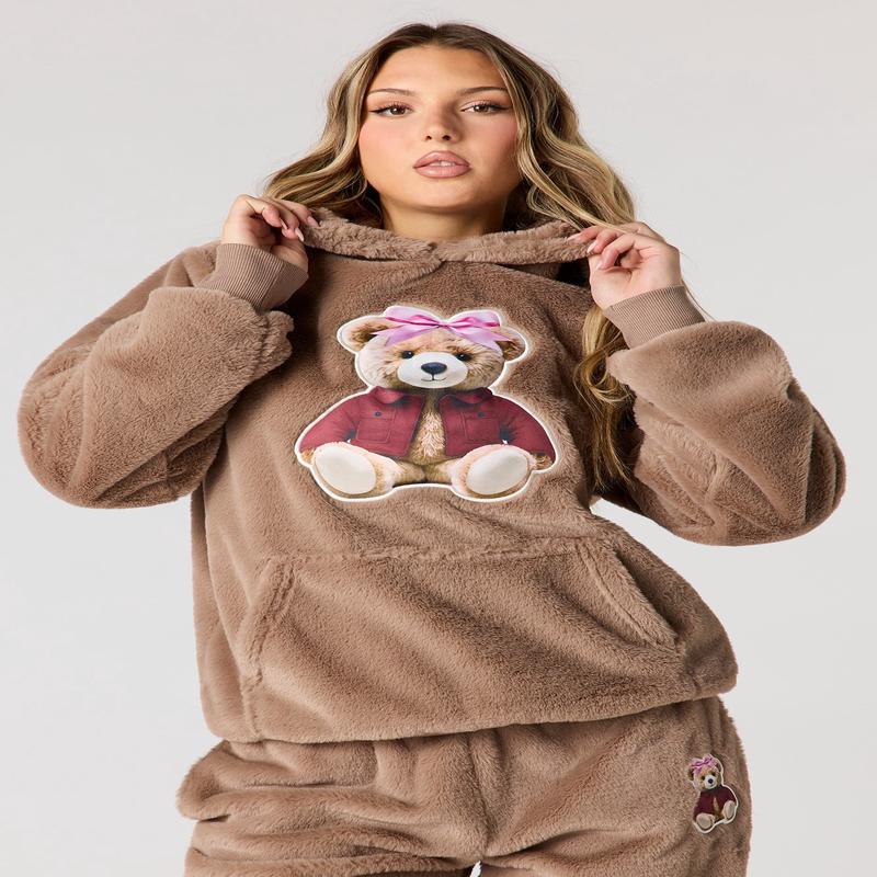 Embroidered Oversized Faux Fur Hoodie