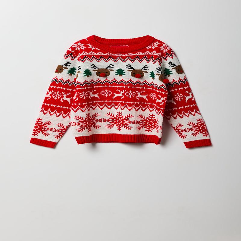 Girls Reindeer Pom Pom Christmas Sweater