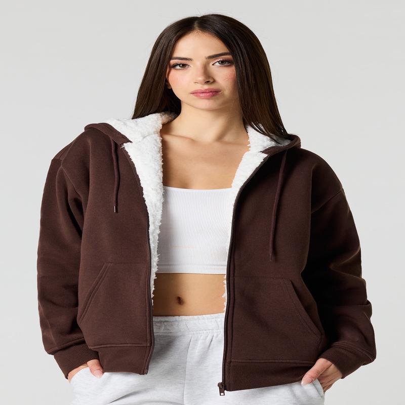Oversized Sherpa Lined Zip-Up Fleece Hoodie