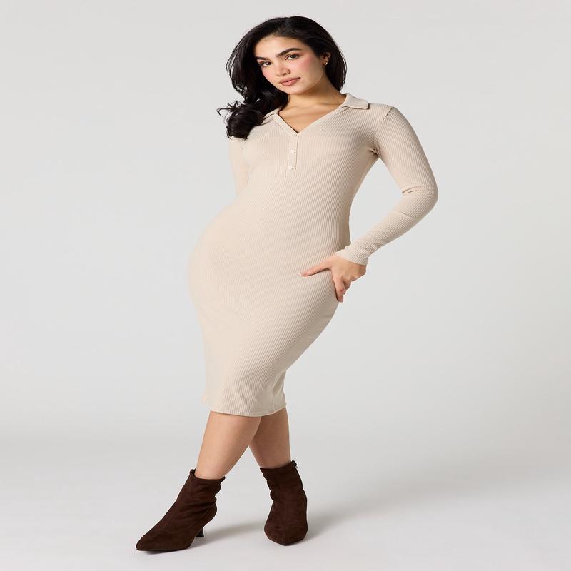 Ribbed Knit Collared Long Sleeve Dress