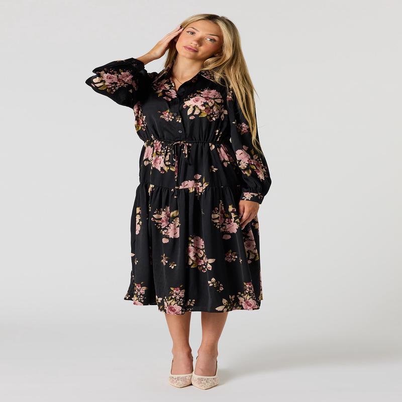 Tiered Button-Up Collared Midi Dress