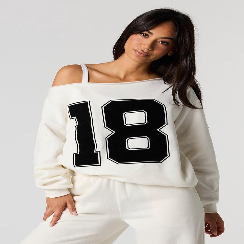 18 Flocked Print Off Shoulder Fleece Sweatshirt