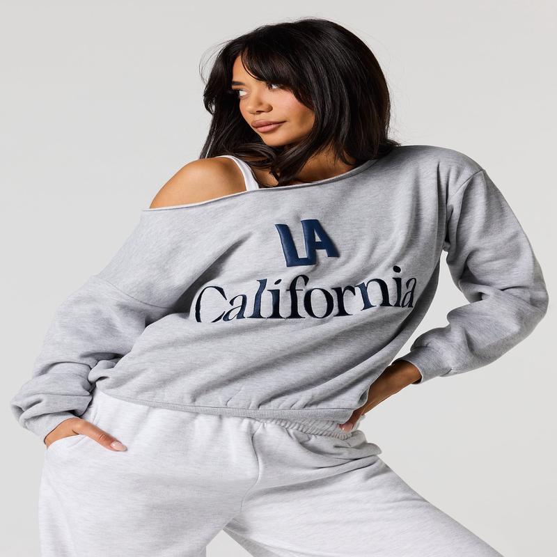 Destination Puff Print Off Shoulder Fleece Sweatshirt