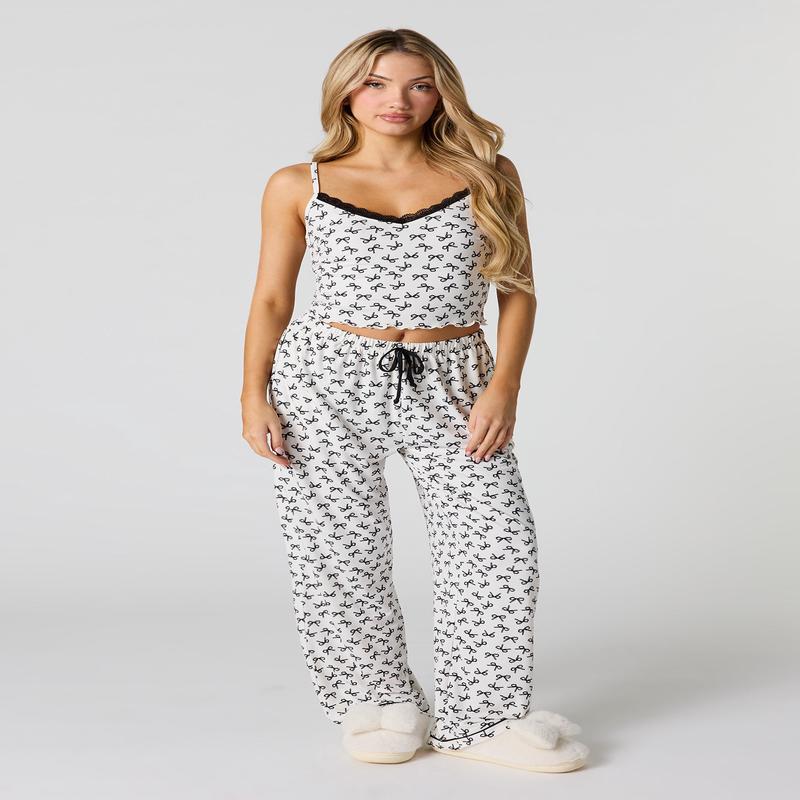 Lace Trim Tank & Wide Leg Pant Pajama Set