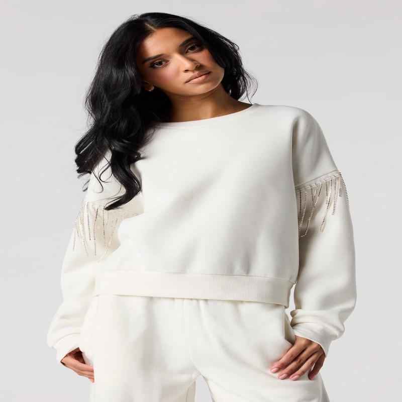 Rhinestone Sleeve Fleece Sweatshirt