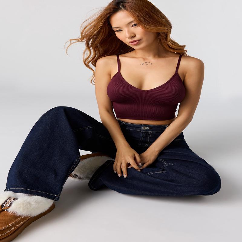 Seamless Ribbed Crop Cami With Built-In Cups