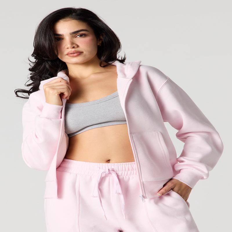 Solid Fleece Zip-Up Hoodie