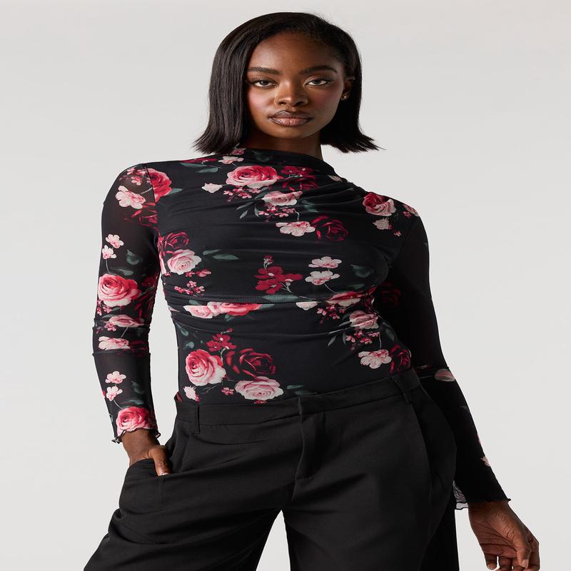 Floral Mesh Long Sleeve Cinched Bodysuit