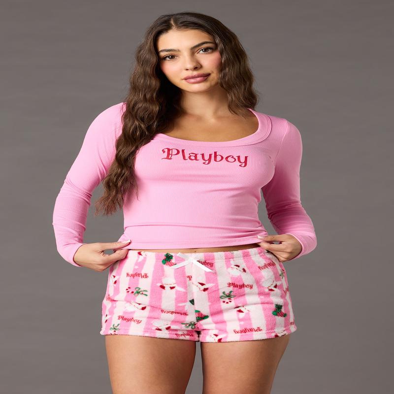 Playboy Christmas Long Sleeve Top & Plush Short Pajama Set