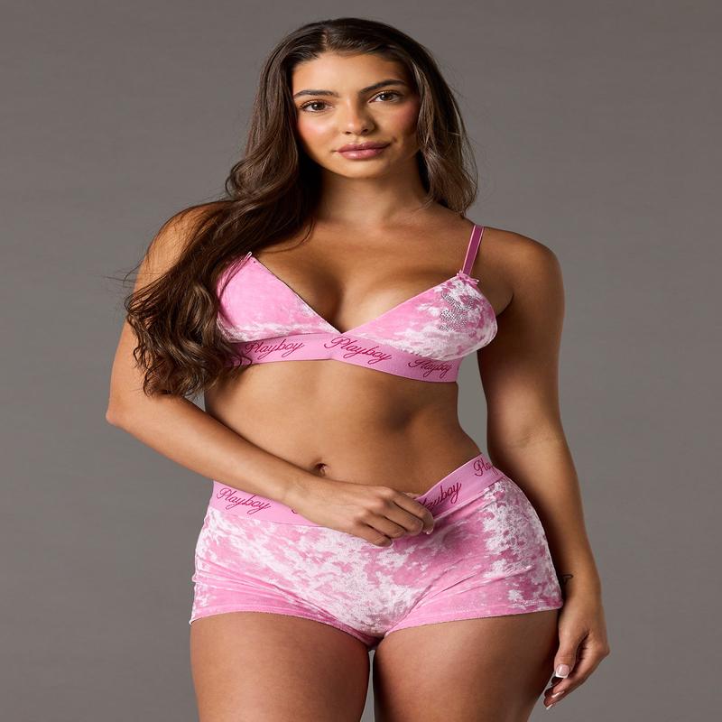 Rhinestone Playboy Velour Triangle Bralette & Boy Short 2 Piece Set