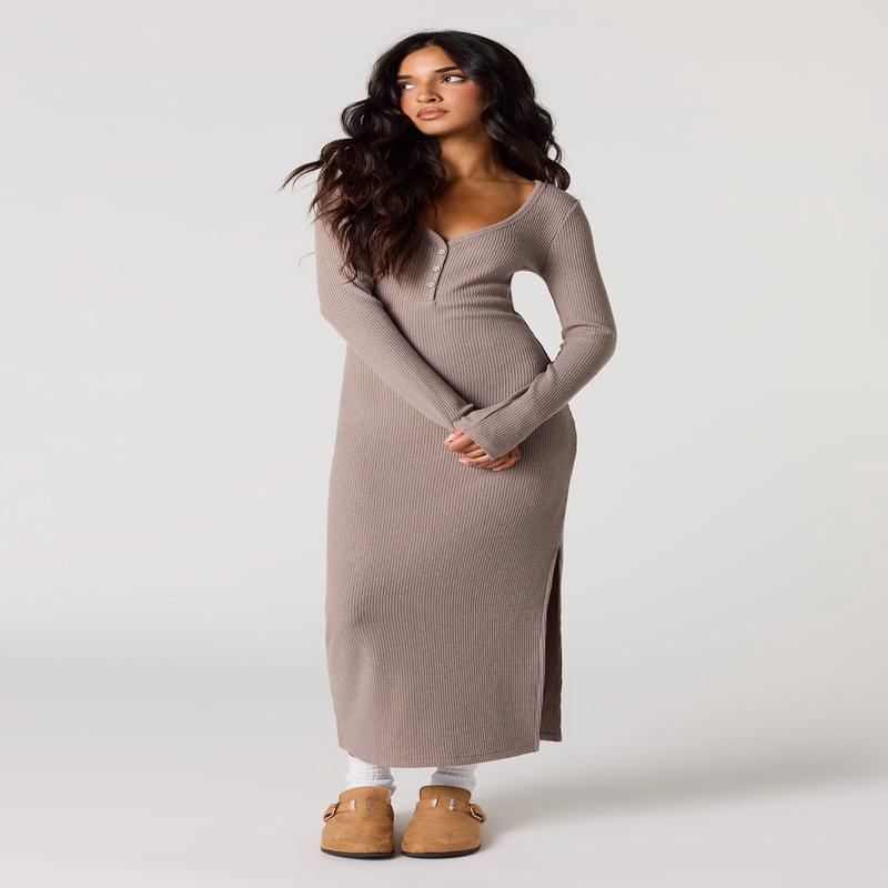 Ribbed Knit Long Sleeve Midi Dress