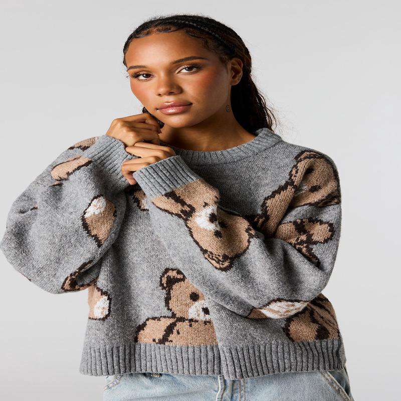 Teddy Bear Jacquard Knit Cropped Sweater
